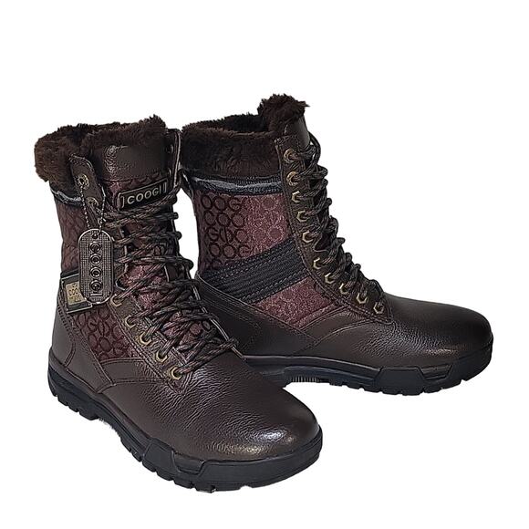 COOGI Winter Faux Fur Lined Logo Brown Boots Mens Size 7.5 - Picture 1 of 13
